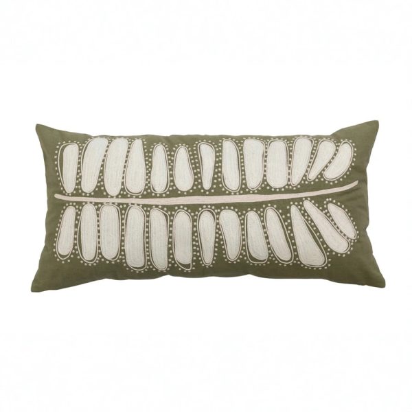 Cotton Lumbar Pillow w  Leaf Embroidery - 24 L x 14 W Online Hot Sale