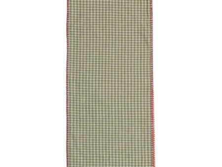 Green Plaid Cotton Table Runner w  Red Blanket Stitch - 14  x 72  Cheap