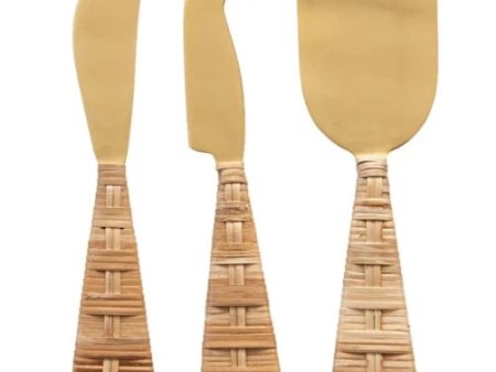 Gold Electroplated Cheese Knives w  Rattan Handles - 3 pc. on Sale