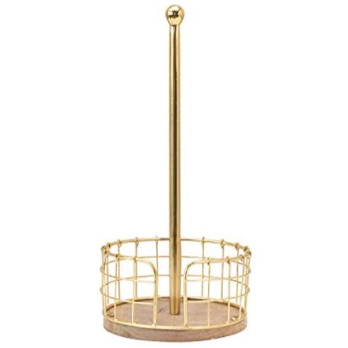 Gold-Finished Metal & Wood Basket Paper Towel Holder For Discount